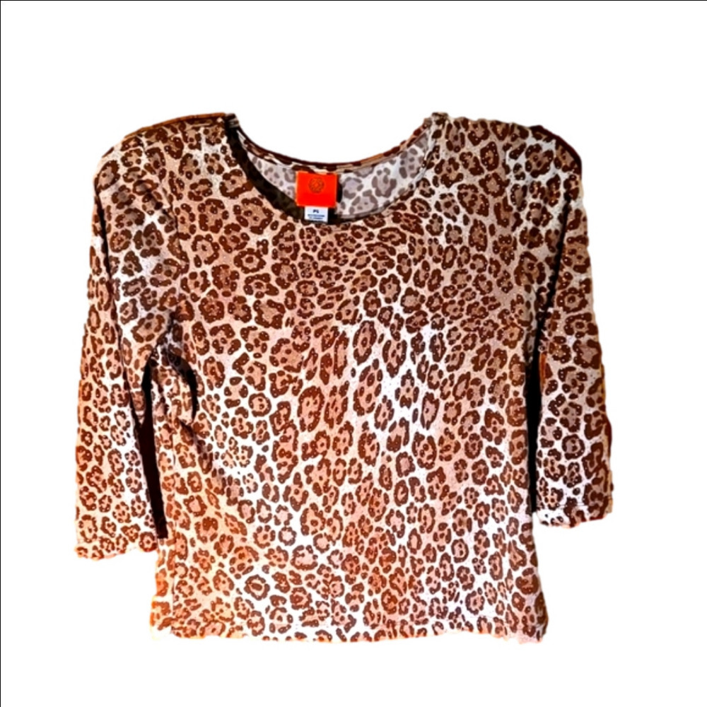 Ruby Rd. Top Leopard  w/ Micro Beads Sparkle 3/4 Sleeve Women's Petite Small